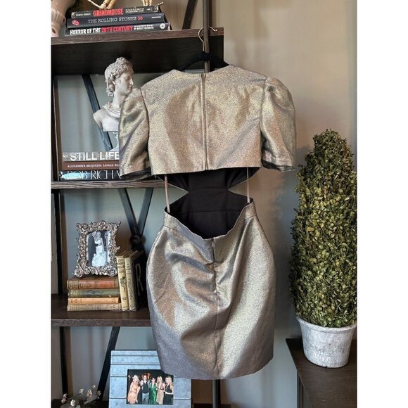 Ieena Mac Duggal Metallic Puff Sleeve Cutout Mini Dress Copper Gold Womens Size - Picture 8 of 13